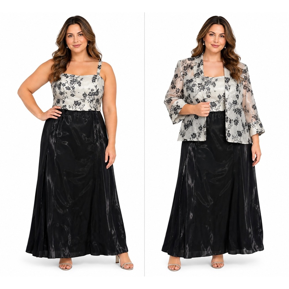NWT Alex Evenings 20W Black White Floral 2pc Maxi Dress Jacket Made USA Wedding